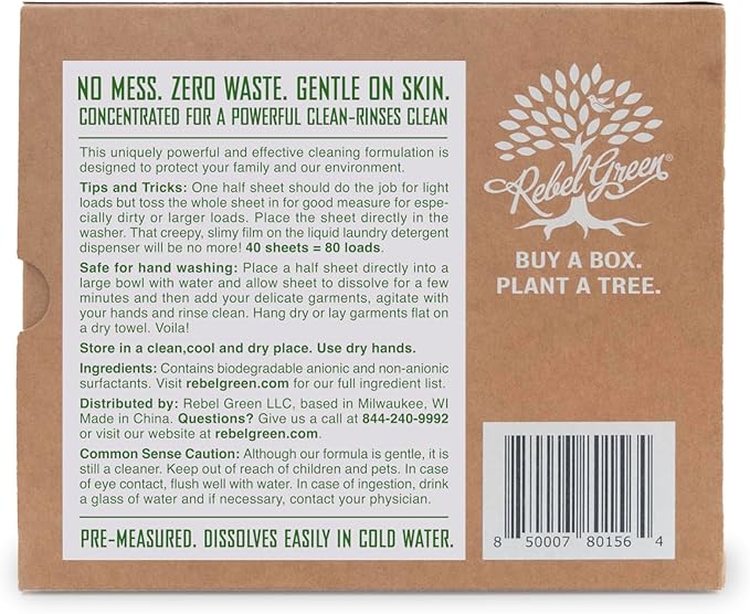 Rebel Green Small But Mighty Laundry Detergent Sheets - Zero Waste Laundry Solution - 40 Pre-Measured Washing Machine Sheets for 80 Loads, Lavender & Grapefruit Scent