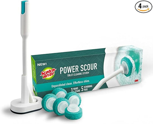 Scotch-Brite Power Scour Toilet Cleaning System, Toilet Bowl Cleaner with Disposable Scrub Pad Tablets, Includes 1 Wand, Stand and 5 Scrubbing Pad Refills