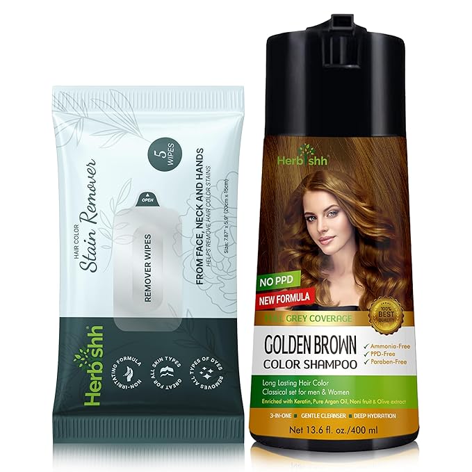Herbishh Color Enriched Shampoo for Gray Hair Golden Brown 400 ML + Hair Color Stain Remover Wipes - Travel Pack With 5 Wipes
