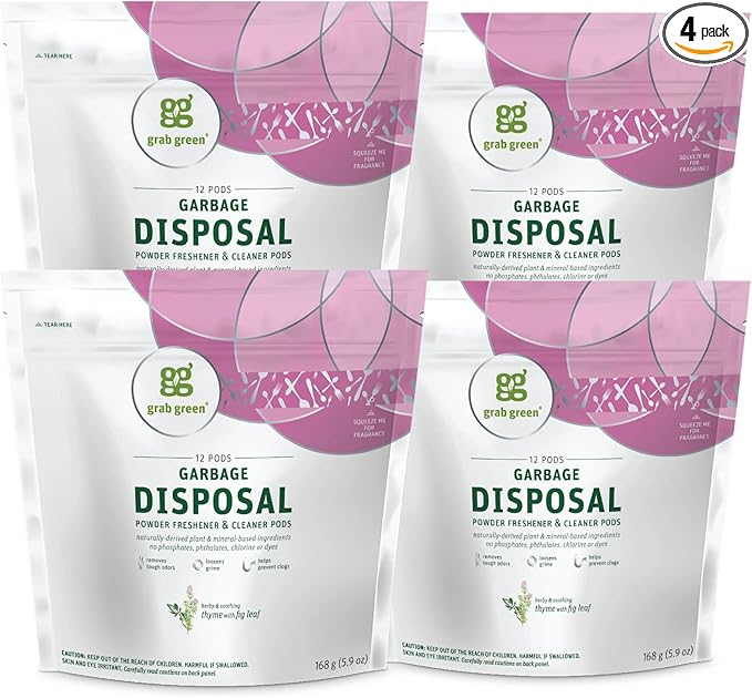Grab Green Garbage Disposal Freshener and Cleaner Pods, 48 Count, Thyme Fig Leaf Scent, Plant and Mineral Based, Removes Odors, Loosens Grime, Prevents Clogging