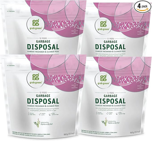 Grab Green Garbage Disposal Freshener and Cleaner Pods, 48 Count, Thyme Fig Leaf Scent, Plant and Mineral Based, Removes Odors, Loosens Grime, Prevents Clogging