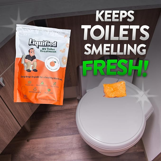 Liquified RV Toilet Treatment Drop-Ins - Prevents Tank Odors - Breaks Down Waste and Tissue - Septic Tank Safe - Matts RV Reviews - Orange Scent - 60 Treatments (60 1oz pods)