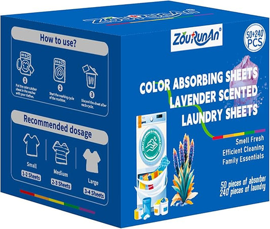 2-in-1 Laundry Detergent Sheets & Color Catcher Sheets, 290 Loads, Fast Dissolve Hypoallergenic Stain Remover - No Color Bleeding Fresh Lavender Scent for Home Dorms Travel