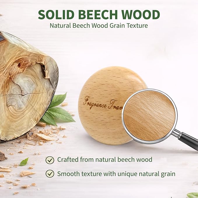 Wooden Car Air Freshener Vent Diffuser, Light Brown Beech Wood with Zinc Alloy Base, Refillable Essential Oil Compatible Car Vent Clip, Includes 4 Scented Pads, Long Lasting Natural Diffuser