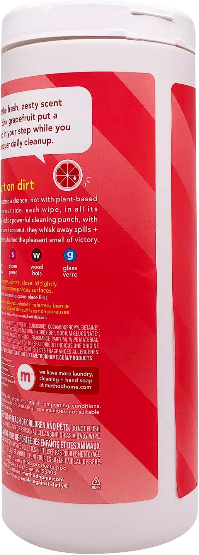 Method Pink Grapefruit All Purpose Cleaning Wipes, Multi-Surface, Compostable, 30 Count (Pack of 1)