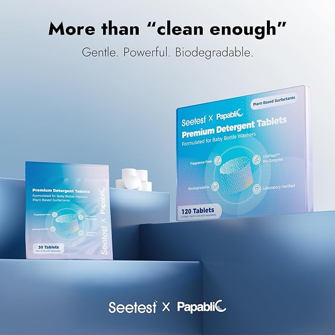 Papablic & Seetest Upgraded 120Pcs Detergent Soap Tablets, One-Tablet Deep Cleaning, UltiPept Enzyme Formula, Compatible with All Brands of Baby Bottle Washer, Gentle for Bottles & Pump Parts