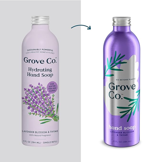 Grove Co. Hydrating Gel Hand Soap Refills (3 x 13 Fl Oz) Plastic-Free Liquid Hands Cleaner Refill Set, Leaves Hands Soft and Clean, 100% Natural Lavender Blossom & Thyme Fragrance