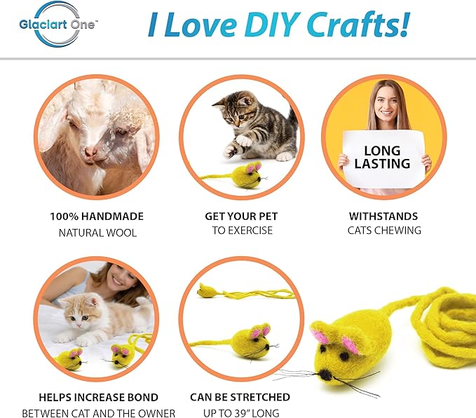 Glaciart One Felt Mouse Cat Toy – Soft Fuzzy Enrichment 100% Natural Wool - Interactive Catnip Play Cat Toy Set - Safe for Pets, Non-AZO Colored Dyes - 42” Long