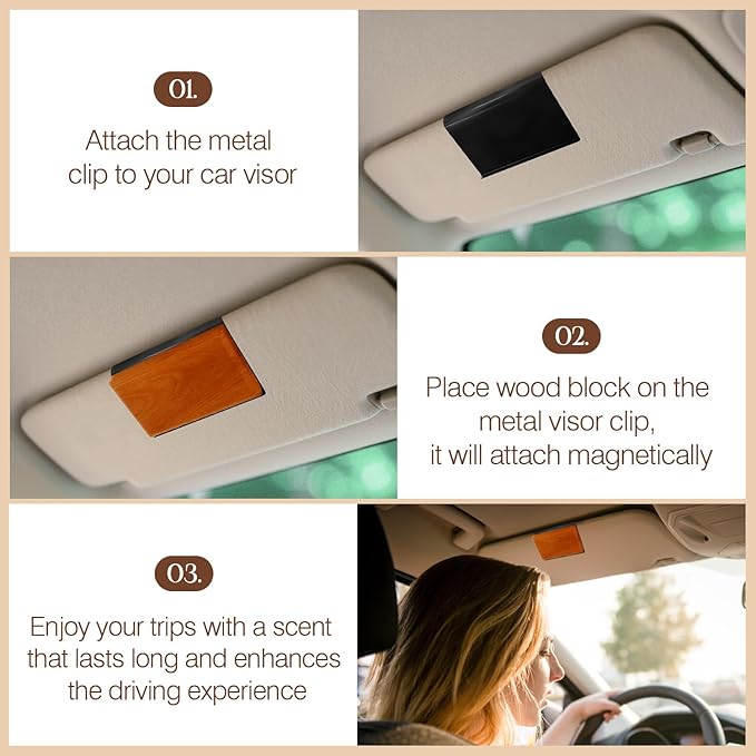 Car Air Freshener Starter Kit - Wood Air Freshener - Car Odor Eliminator for Visor Clip - Long Lasting - Variety Scent Refill - CLIP INCLUDED (Amber/Teak/Lavender/Frosted Spruce)