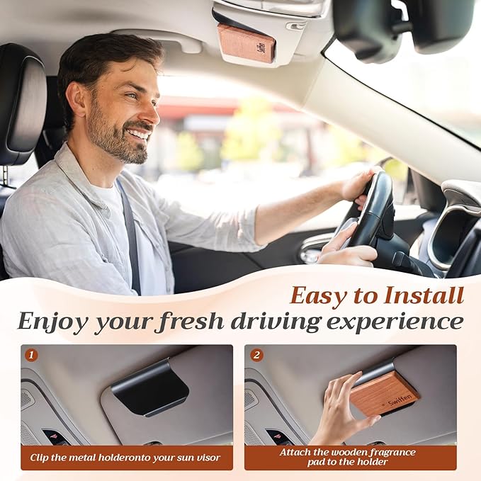 4 Pcs Car Wood Air Freshener Amber Scents Wood Fragrance Automotive Odor Eliminator for Visor Clip Vehicle Scent Diffuser Scent Refill, Clip Included