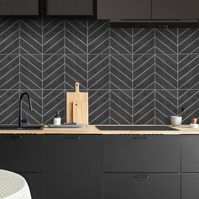 New Upgrade Herringbone Premium Kitchen Backsplash, Peel and Stick Subway Tile, Black 10-Sheet