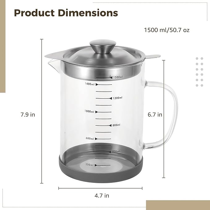 Premium Bacon Grease Saver with Strainer - Large 1.5L Grease Container for Kitchen with Stainless Steel Filter, Used Oil Storage & Bacon Drippings Keeper (50oz, Borosilicate Glass, Non-Slip Base)