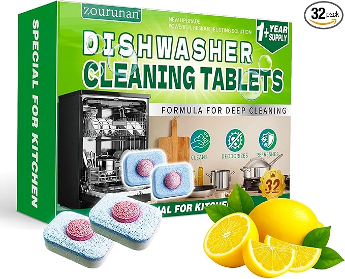 32 Pack Dishwasher Cleaner & Deodorizer Tablets - 16 Month Supply, Heavy Duty Deep Cleaning Formula, Removes Limescale, Grease & Residue, Deodorizes & Refreshes, Works with All Dishwasher Type