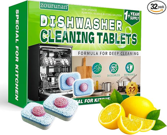 32 Pack Dishwasher Cleaner & Deodorizer Tablets - 16 Month Supply, Heavy Duty Deep Cleaning Formula, Removes Limescale, Grease & Residue, Deodorizes & Refreshes, Works with All Dishwasher Type