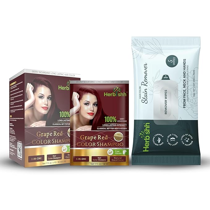 Herbishh Hair Color Shampoo for Gray Hair Grape Red + Hair Color Stain Remover Wipes - Travel Pack With 5 Wipes