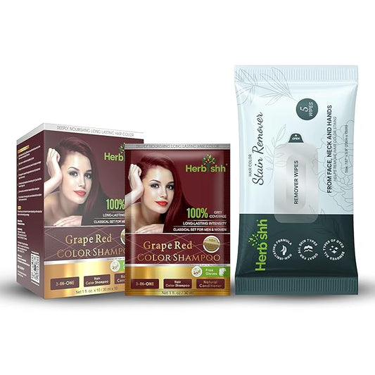 Herbishh Hair Color Shampoo for Gray Hair Grape Red + Hair Color Stain Remover Wipes - Travel Pack With 5 Wipes