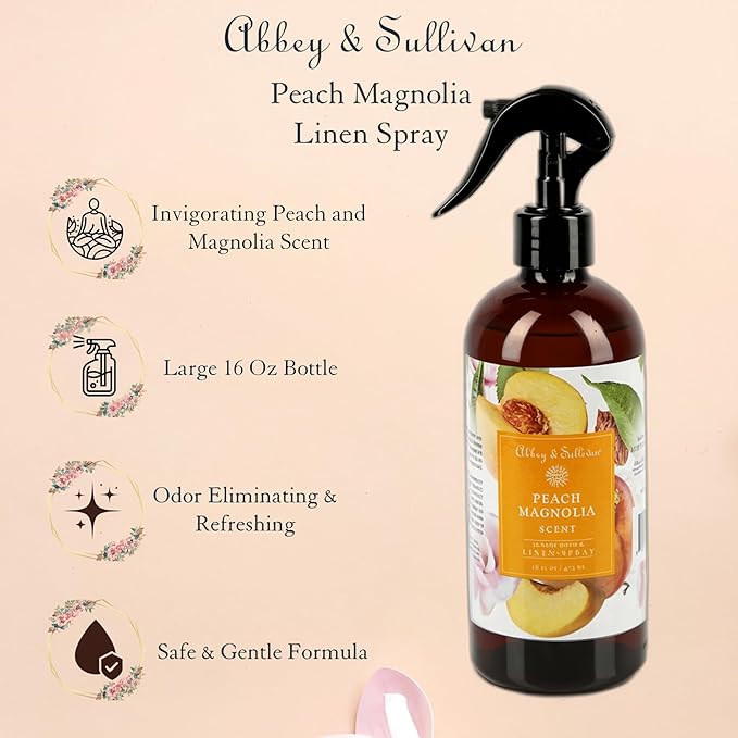 Abbey & Sullivan Odor Eliminating and Refreshing Linen and Room Spray, Peach Magnolia, 16 oz