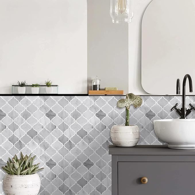 Arabesque Peel and Stick Tile for Kitchen, 12” X 12” Mix Grey Self-Adhesive Kitchen Backsplash in Marble, 10-Sheet 3D Self-Adhesive Wall Tile Stick on Tiles Backsplash(Thicker Design)