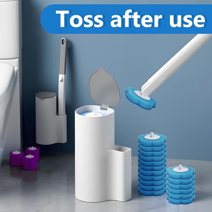 2 Pack Disposable Toilet Bowl Cleaner Wand and Holder Set, Toilet Brush Disposable with 48 Cleaner Refills Extended Handle for Toilet Bowl Cleaners Disposable, Bathroom Cleaning, Bathtub