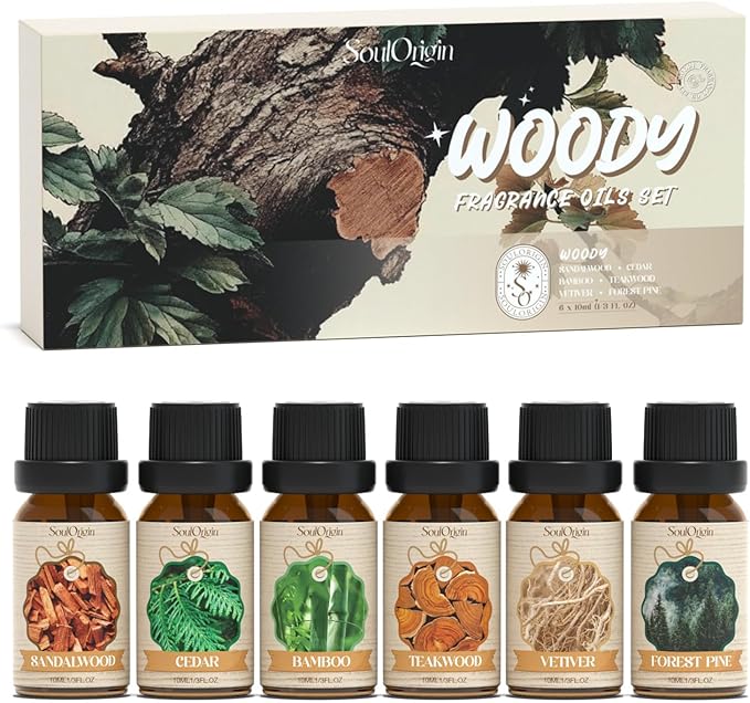 Woody Essential Oils Set, Fragrance Oil Set for Diffuser, Scent Diffuser Oil for Candle Making- Sandalwood, Cedar, Bamboo, Teak, Vetiver, Forest Pine