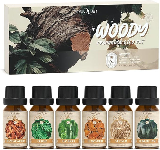 Woody Essential Oils Set, Fragrance Oil Set for Diffuser, Scent Diffuser Oil for Candle Making- Sandalwood, Cedar, Bamboo, Teak, Vetiver, Forest Pine