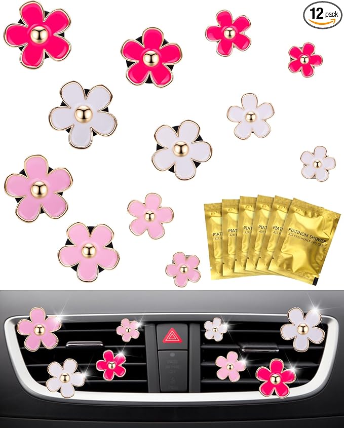 12Pcs PGRODE Car Air Vent Clips with Fragrance Pads, Cute Air Fresheners Clip Car Decor Accessories for Women and Girls, Interior Aesthetic (Daisy)