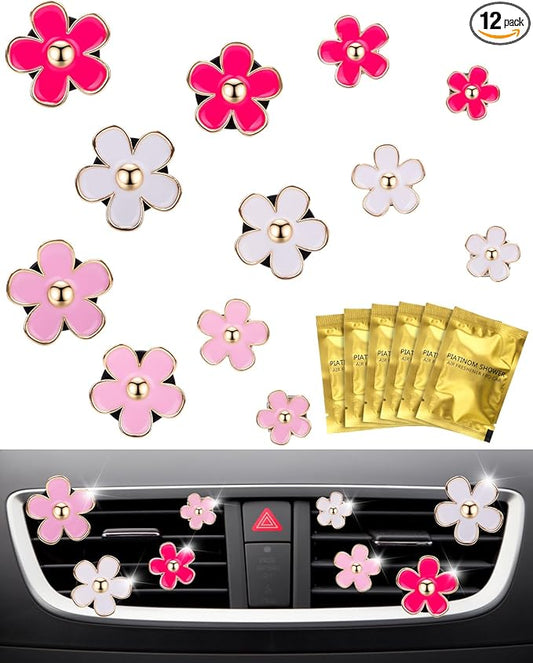 12Pcs PGRODE Car Air Vent Clips with Fragrance Pads, Cute Air Fresheners Clip Car Decor Accessories for Women and Girls, Interior Aesthetic (Daisy)