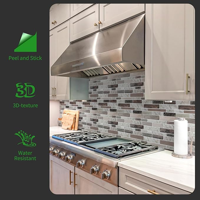 LONGKING Self-Adhesive Kitchen Backsplash, Marble Look Decorative Tiles (10 Tiles) (Multi)