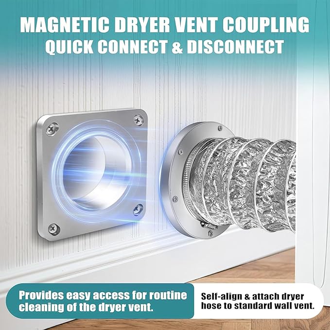 Dryer Vent Cleaner Kit, 4 Inch Magnetic Connector Aluminum Flexible Hose Dryer Vent Vacuum Attachment with Quick Connect Seal Dryers Lint Cleaner for Laundry Room Duct Use