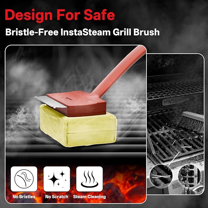Grill Brush Bristle Free, Steam Grill Cleaning Brush with Detachable & Dishwash-Safe Brush-Head, Ergonomic Comfort Grip for Cast Iron/Stainless-Steel Grates, Safe Barbecue Grill Cleaner