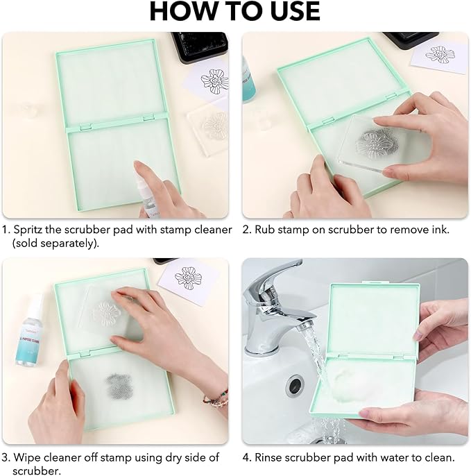 Briartw Stamp Cleaning Kit:Green Stamp Scrubber & All-Purpose Stamp Cleaner Spray | Dual-Sided Cleaning Pad for Rubber, Clear, Cling & Foam Stamps | Complete Care for Water-Based & Permanent Inks