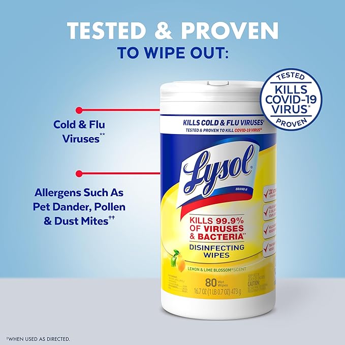 Lysol Disinfectant Wipes, Multi-Surface Antibacterial Cleaning Wipes, For Disinfecting and Cleaning, Lemon and Lime Blossom, 80 Count (Pack of 3)