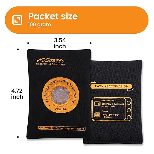 ADSorbco Rechargeable Desiccant Packs for Storage, Rechargeable Silica Gel Packets, Color Indicating Desiccant Packs for Suitcase, Storage Bins, 3D Filaments, Electronics, Cars, Safe (100, 100g)
