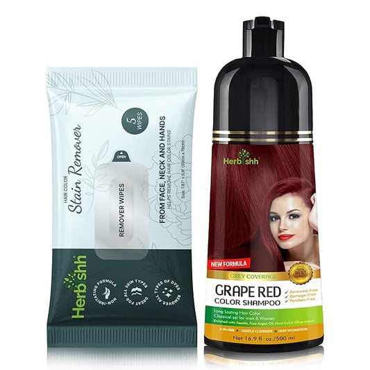 Herbishh Hair Color Shampoo for Gray Hair Grape Red 500 ML + Hair Color Stain Remover Wipes- Travel Pack With 5 Wipes