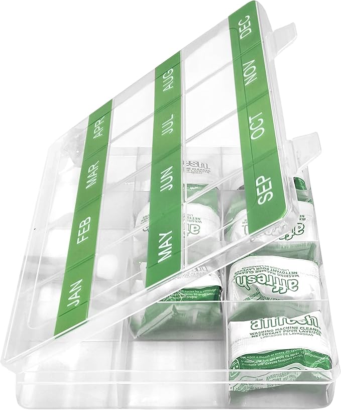Monthly Reminder Organizer for Cleaning Tablets, 12 Labeled Compartments for Washing Machine, Dishwasher, Drain Disposal and Coffee Machine Cleaner Pods Holder