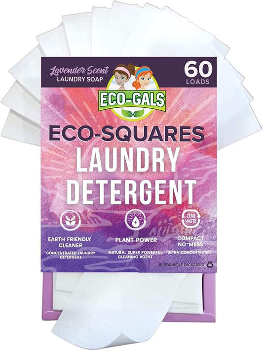Eco-Squares laundry detergent sheets with zero waste dry soap technology for cleaning linen and clothes in regular and high efficiency top and front load washing machines, Lavender
