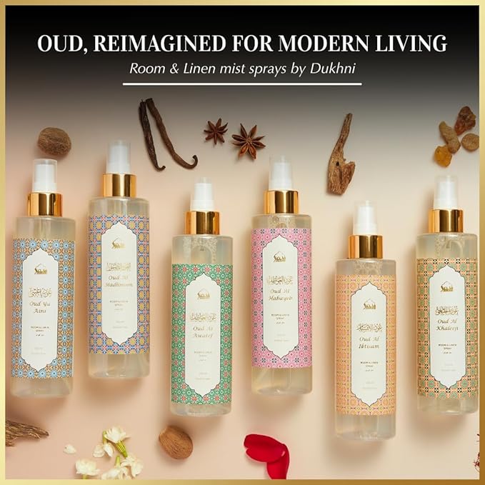 Oud ya Aini Arabic Room Spray by Dukhni | 250ml Oud fragrance Air Freshener, Attar al Faraash for home & prayer mats | Bed linen, Sofa Mist, natural home scent, curtain spray, odour eliminator