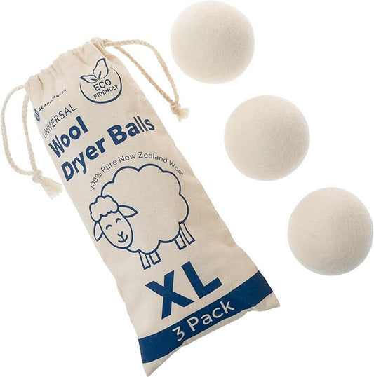 GE Appliances Wool Dryer Balls, XL Reusable Natural Fabric Softener Made of 100% Pure New Zealand Wool, Set of 3