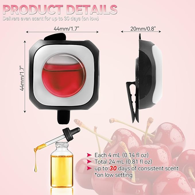 Car Air Freshener Vent Clip 6 Pack 4ml Each Up to 180 Days Long Lasting Scent Odor Eliminator for Women Men(Fresh Cherry)