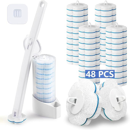 Disposable Toilet Brush and Holder Set with 48 Toilet Cleaner Refills竊똖oilet Wand Kit with Toilet Brush Refill Pads Disposable Toilet Cleaning System for Toilet Bowl竊똁athtub竊똁athroom - White