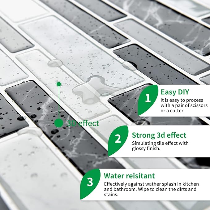 LONGKING 10-Sheet Peel and Stick Tile Backsplash, Vinyl 3D Self-Adhesive Tile Stickers for Kitchen, Bathroom, Counter Top, Marble 79