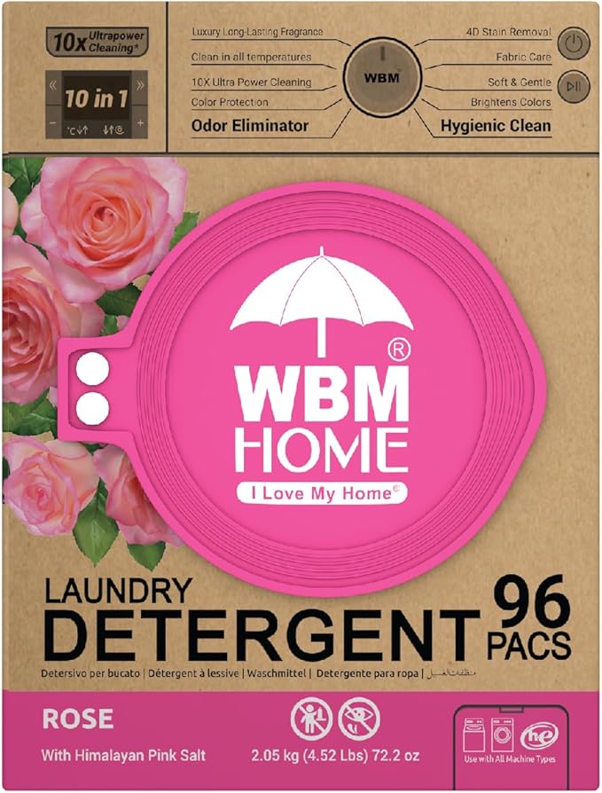 WBM Home 10-in-1 Laundry Pods, Total 96 Count, Ultra Concentrate with Powerful Stain Lifter Technology, Fabric Softener With Rose Extracts, Detergent Pods