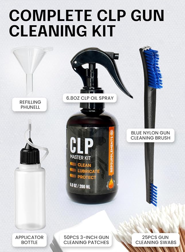 Gun Cleaning Oil Kit 3-in-1 Cleans, Lubes, Protects - 6.8 Oz Sprayer Gun Oil Cleaner and Lubricant, Needle Oiler, Cleaning Patches, Cleaning Swabs and Brush - Gun Oil and Cleaning Kit