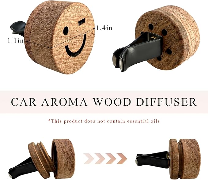 2 PCS Wood Car Essential Oil Diffuser, Wooden Aromatherapy Essential Oils Diffuser with Vent Clip, Wood Vent Clip Air Freshener for Vehicle Office Home Bedroom (Smile)