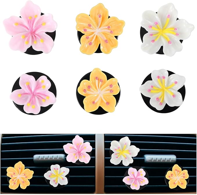 6 Pcs Flower Car Air Vent Clips Cute Car Air Freshener Vent Clips Pink Hawaiian Hibiscus And Cherry Blossom Accessories For Interior Aesthetic Decorations Pink, White, Yellow