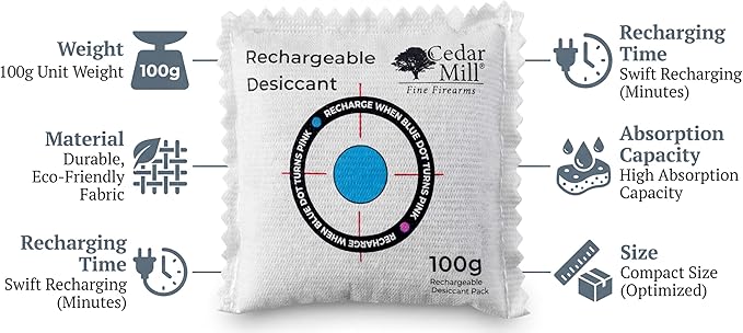 Cedar Mill Fine Firearms Gun Safe Dehumidifier – 100g Rechargeable Desiccant Packs - Reusable Moisture Absorbers for Rifle Cases, Firearms, Closet, Car - Pack of 2