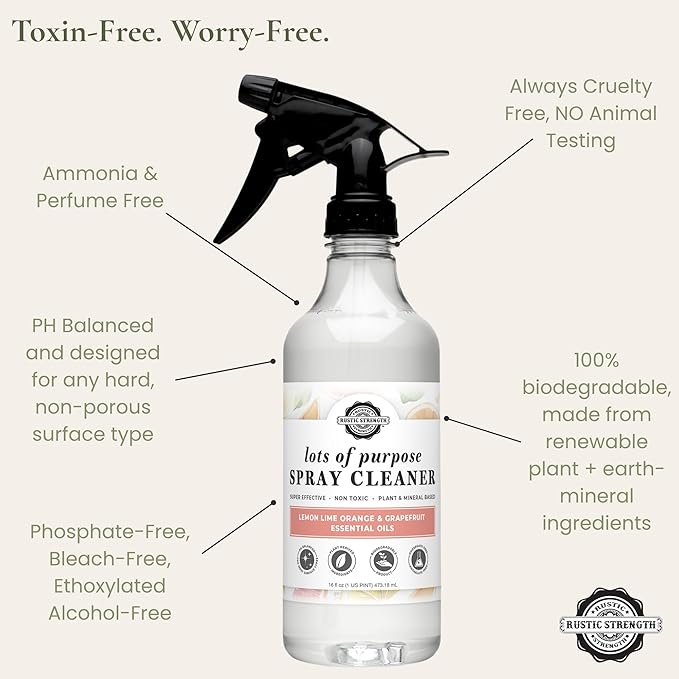 Rustic Strength Lots of Purpose Spray Cleaner, Lemon, Lime, Orange & Grapefruit, Multi-Surface, pH Balanced, Non-Toxic, Biodegradable, 16 oz