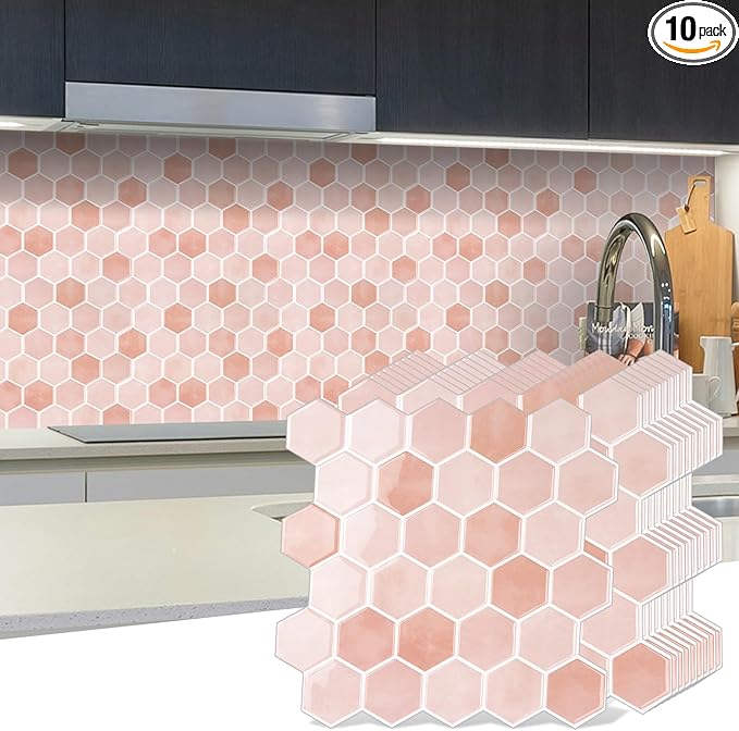10-Sheet Hexagon Peel and Stick Backsplash for Kitchen, New Upgrade Premium Extra Thicker Design, 3D Self Adhesive Wall Tiles, Large Stick on Tiles for Kitchen and Bathroom (12" x 12")