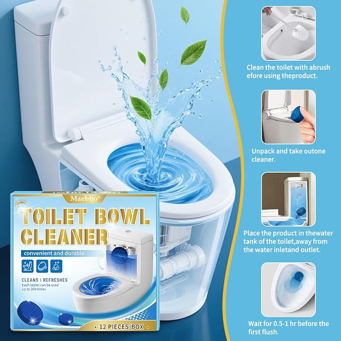 Automatic Toilet Bowl Cleaner Tablets,12- Pack Blue Gel In-Tank Cleaner, Removes Hard Water Rings & Stains, Septic Safe, Cleaning & Deodorize, Fresh Scent,50g Each