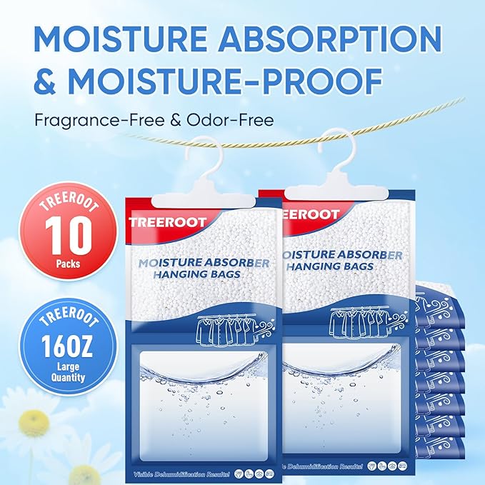 10 Pack Moisture Absorbers for Closet, 16OZ Hanging Closet Dehumidifier Bags, Hanging Humidity Absorber in Wardrobes, Kitchens and Bathrooms, Fragrance Free Portable Moisture bags